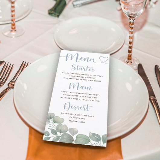 Rustig Eucalyptus Loof Blauw Bruiloft Menu