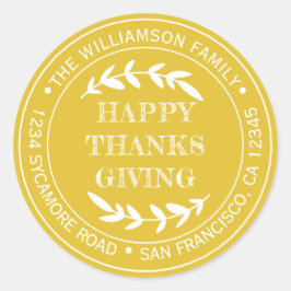 Rustig Gelukkig Thanksgiving Retouradres Geel Ronde Sticker