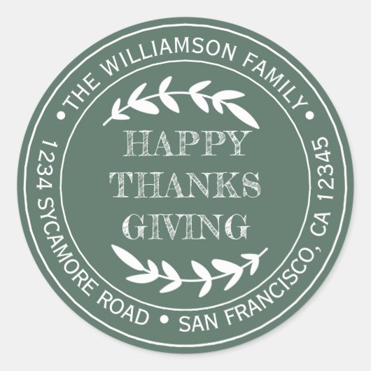 Rustig Gelukkig Thanksgiving Retouradres Groen Ronde Sticker (Voorkant)