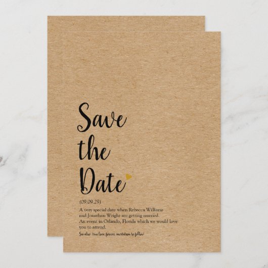 Rustig Gold Heart Script Save the Date Definition (Voorkant / Achterkant)
