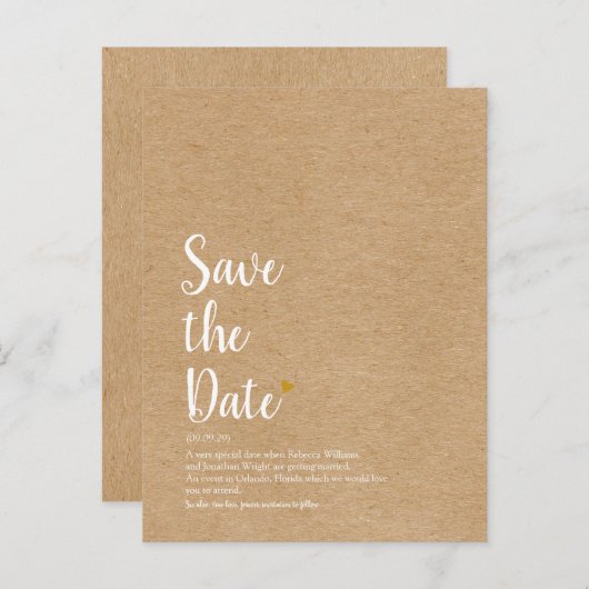 Rustig Gold Heart Script Save the Date Definition Aankondigingskaart (Voorkant / Achterkant)