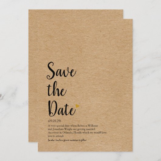 Rustig Gold Heart Script Save the Date Definition Kaart (Voorkant / Achterkant)