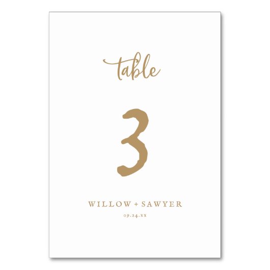 Rustig Gold Script Table Number Kaart (Voorkant)