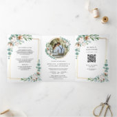 Rustig gouden katoen eucalyptus QR-code bruiloft Drieluik Uitnodiging (Binnen)