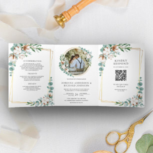 Rustig gouden katoen eucalyptus QR-code bruiloft Drieluik Uitnodiging