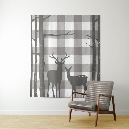 Rustig Grijs Buffalo Plaid Geruite Hert & Berk Wandkleed (In situ)