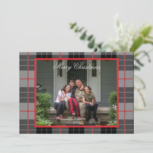 Rustig grijs geruit flanel kerstfoto  feestdagenkaart (Staand voorkant)