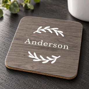 Rustig grijs hout laurier monogram naam bier onderzetter