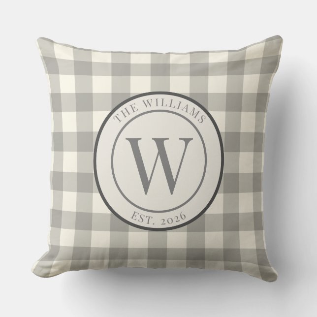 Rustig Grijze Gingham Monogram Familiewapen Kussen (Voorkant)