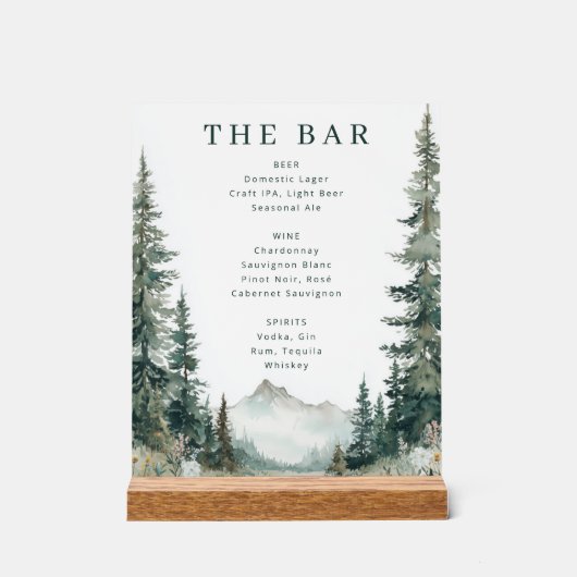 Rustig Groen Aquarel Berg Bar Menu Acryl Bord (Voorkant)