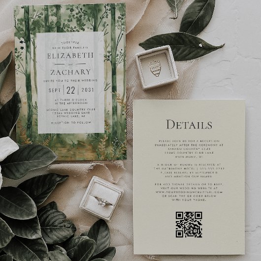 Rustig Groen Gouden Boslandschap QR Code Bruiloft Kaart