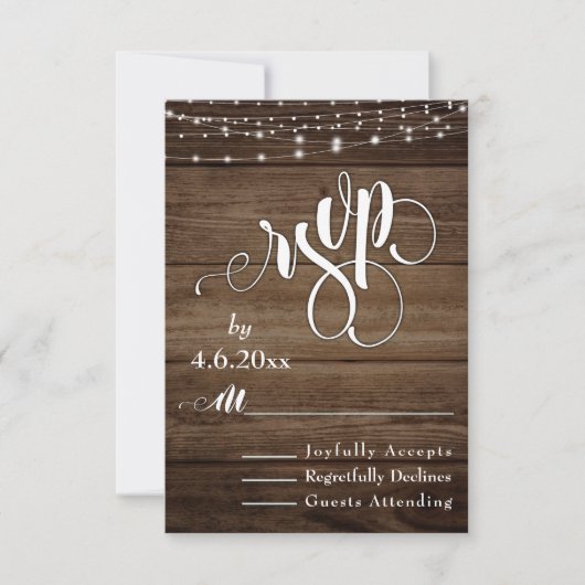 Rustig hout, witte lichten & schrift, RSVP Kaartje (Voorkant)