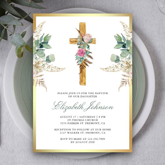 Rustig Houten Kruis Boho Pampas Eucalyptus Doop Kaart