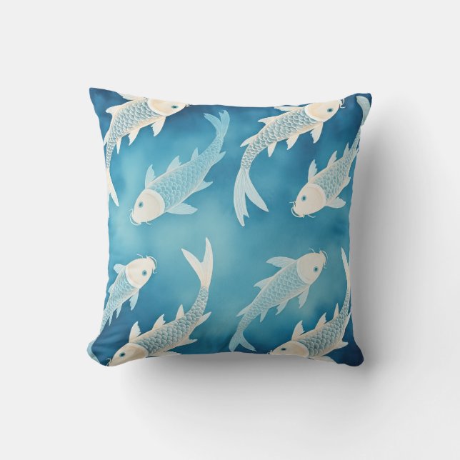 Rustig Indigo Koi-ontwerp Elegante Waterverf Kunst Kussen (Voorkant)
