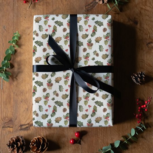 Rustig kerstfeest met hulst en dennenhout cadeaupapier