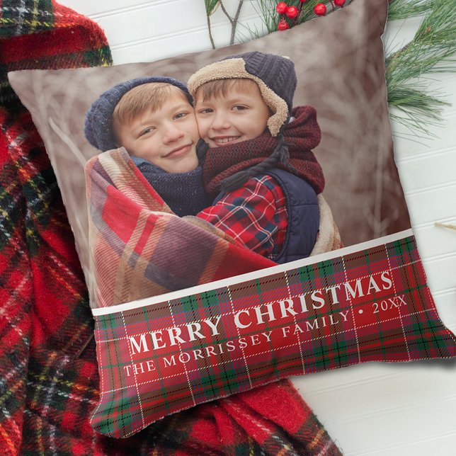 Rustig Kerstmis Plaid Rood Groen Foto Kussen (Rustic Christmas Plaid Red Green Photo Throw Pillow)