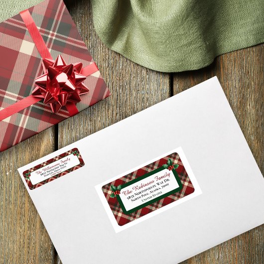 Rustig Kerstmis Rood Groen Tartan Plaid Adres Etiket
