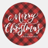 Rustig Kerstmis Schrift Rode Plaid Ronde Sticker (Voorkant)