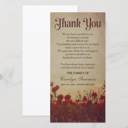 Rustig klaprozenveld | Condoleance dankjewel Bedankkaart (Voorkant / Achterkant)