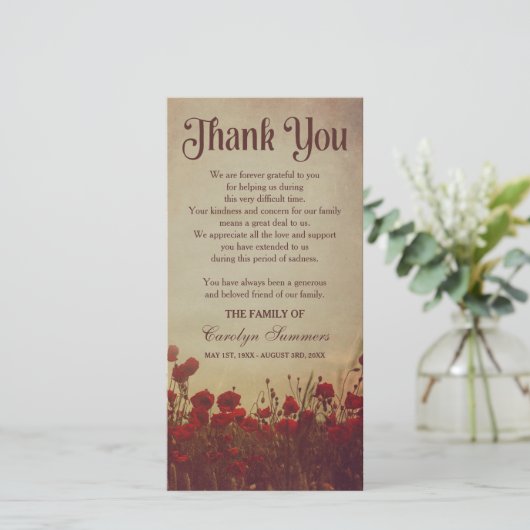 Rustig klaprozenveld | Condoleance dankjewel Bedankkaart (Staand voorkant)