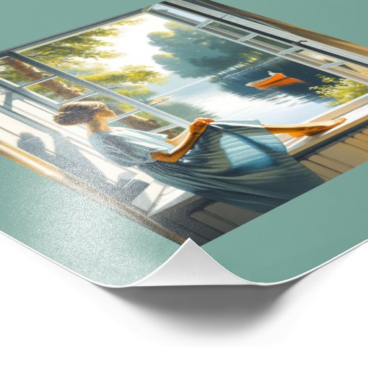 Rustig Lakeside Retreat: Serene Window Uitzicht Foto Afdruk (Hoek)