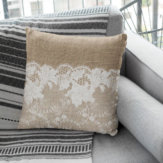  rustig land beige burlap en witte kant kussen