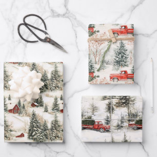 Rustig landelijk Kerstmis rood truck en dorp Inpakpapier Vel