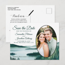 Rustig meer in de bergen ovaal foto save the date aankondigingskaart