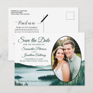 Rustig meer in de bergen ovaal foto save the date aankondigingskaart