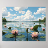 Rustig meer met water Lily Flowers en bewolkte hem Poster (Voorkant)