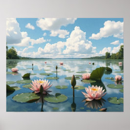 Rustig meer met water Lily Flowers en bewolkte hem Poster