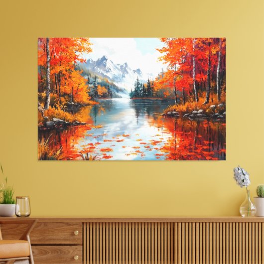 Rustig meer omgeven door herfstbomen canvas afdruk (Insitu (Woonkamer))