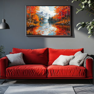 Rustig meer omgeven door herfstbomen canvas afdruk