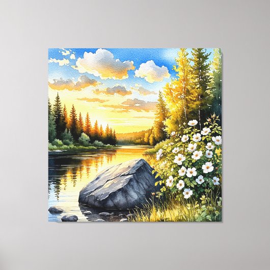 Rustig meerlandschap bij zonsondergang canvas afdruk (Voorkant)