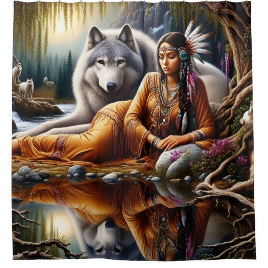 Rustig moment: Indiase vrouw en wolf Douchegordijn (Voorkant)