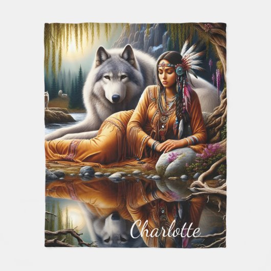 Rustig moment: Indiase vrouw en wolf Fleece Deken (Voorkant)