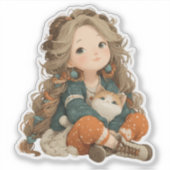 Rustig Moment Meisje & Kat – Premium Kunststicker Sticker (Voorkant)