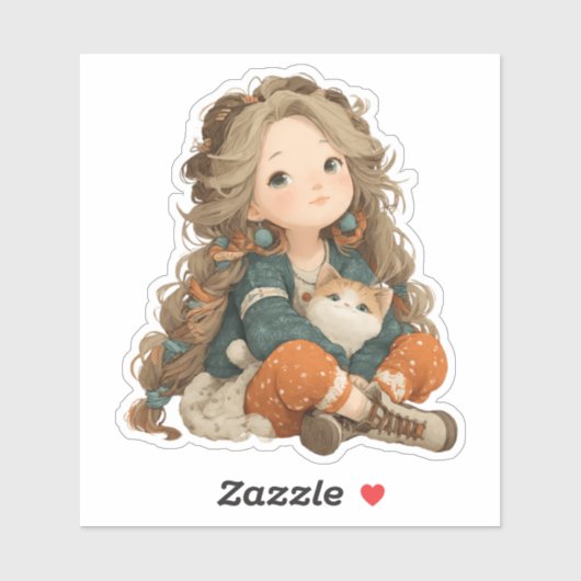 Rustig Moment Meisje & Kat – Premium Kunststicker Sticker (Vel)