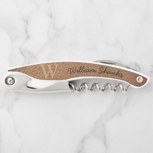 Rustig monogram bruin leer chic zwart schrift kurkentrekker (Voorkant)