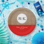 Rustig Monogram Jutezak en Rode Huwelijk Papieren Bordje (Feest)