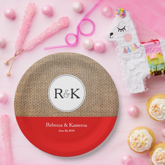 Rustig Monogram Jutezak en Rode Huwelijk Papieren Bordje (Feest)