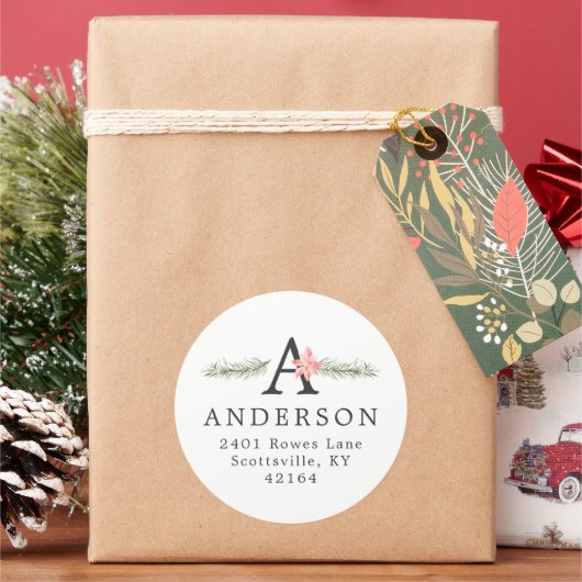 Rustig Monogram | Kerst Retouradres Ronde Sticker (Feestdagen)
