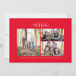 Rustig monogram rood drie kerst foto feestdagenkaart