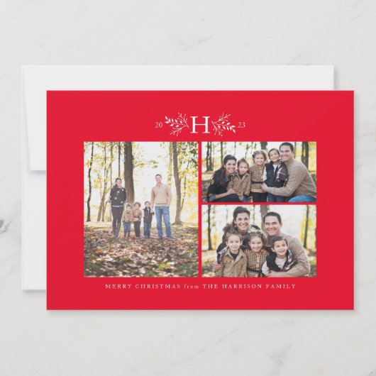 Rustig monogram rood drie kerst foto feestdagenkaart (Voorkant)