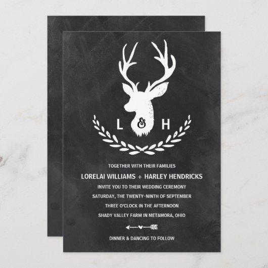 Rustig Monogram | Schoolbord Hertentrouw Kaart (Voorkant / Achterkant)