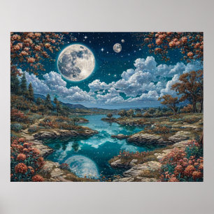 Rustig nachts landschap met volle maan poster