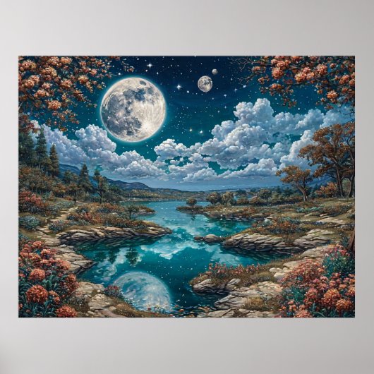 Rustig nachts landschap met volle maan poster (Voorkant)
