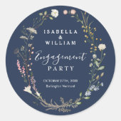 Rustig Navy Blau Boho Wilde Bloem Verlovingsfeest Ronde Sticker (Voorkant)