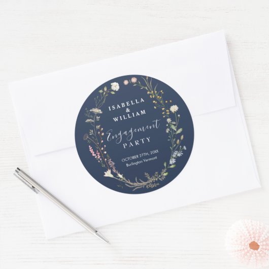 Rustig Navy Blau Boho Wilde Bloem Verlovingsfeest Ronde Sticker (Envelop)