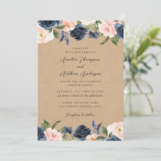 Rustig Navy Roze Elegant Botanisch Bloem Bruiloft Kaart (Staand voorkant)
